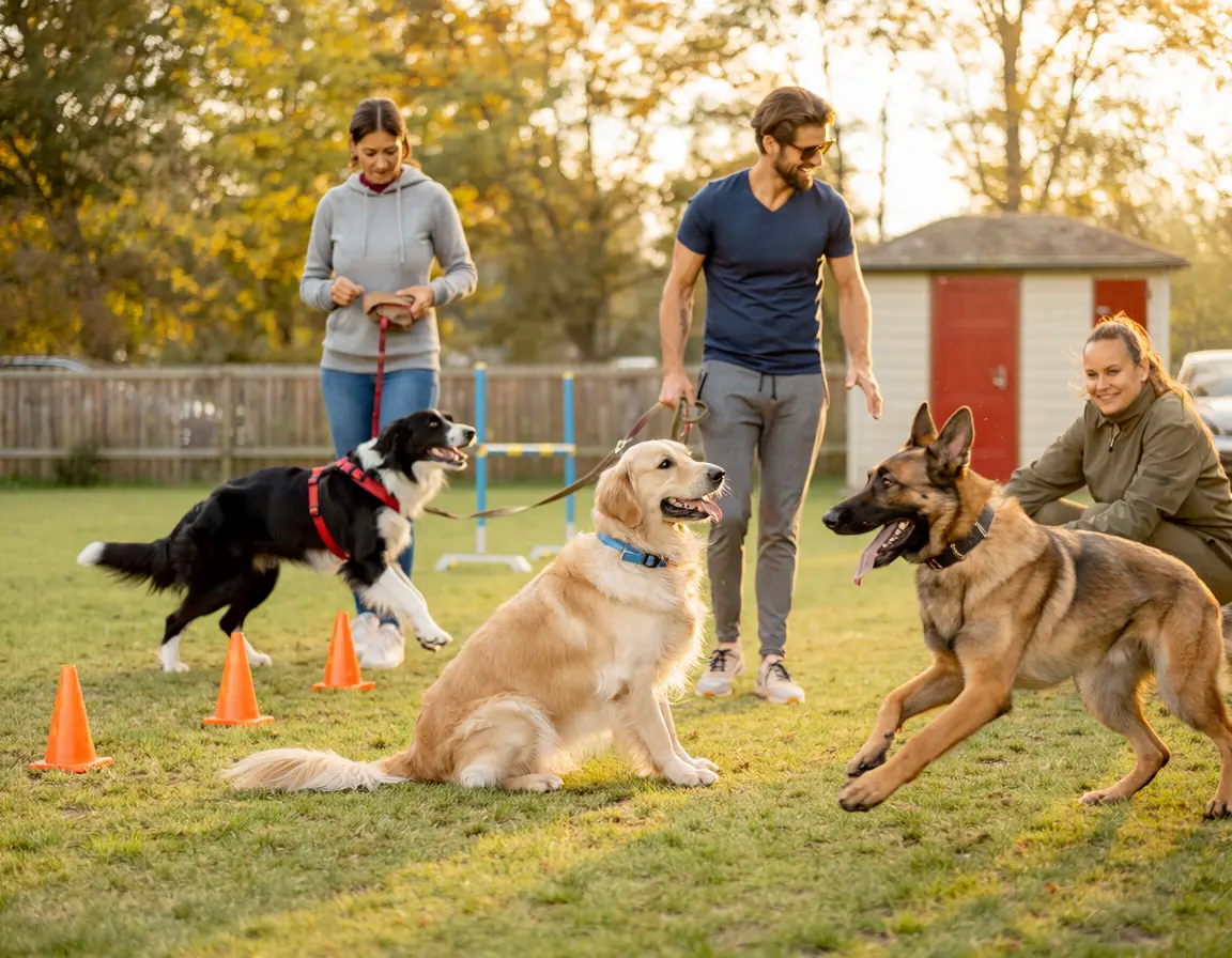 Gruppentraining mit mehreren Hunden am Abend
