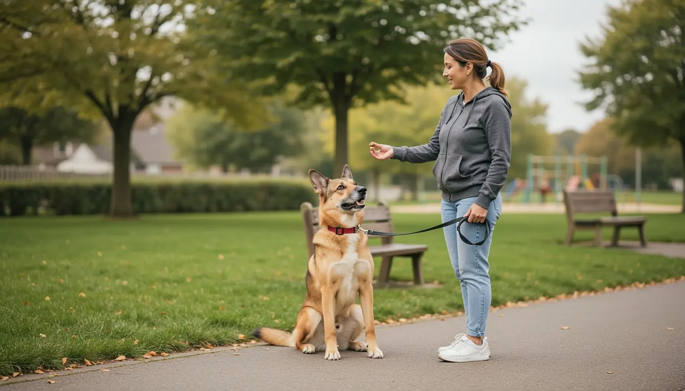 Trainerin belohnt einen sitzenden Hund im Park